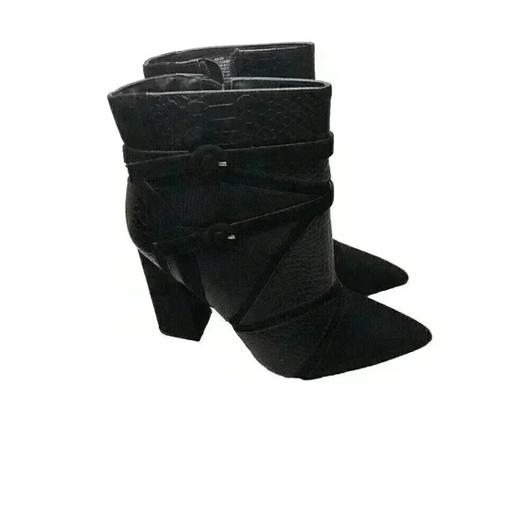 Just Fab Adler Size 10 Black Suede Patchwork Ankle Booties Buckle Pointed Toe - Picture 2 of 8